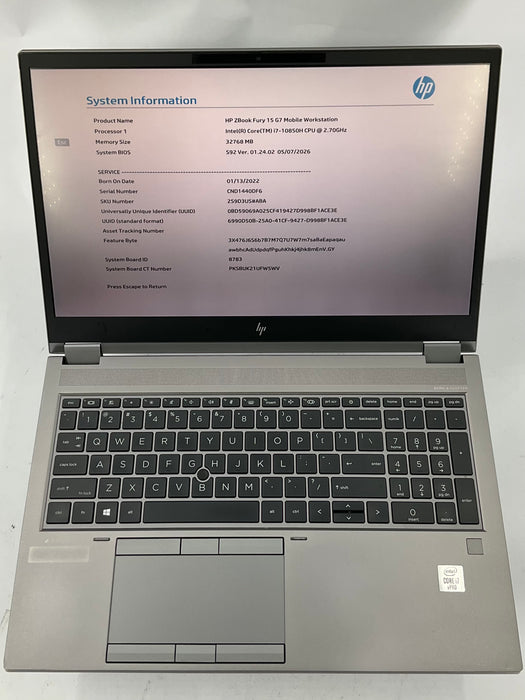 HP Zbook Fury G7 15.6" Core i7-10850H 512GB 32GB B Win 11 Pro RTX 3000