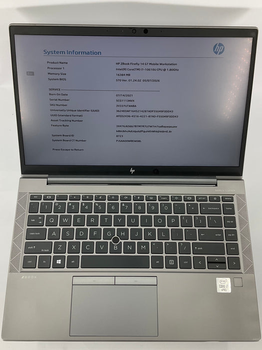 HP Zbook Firefly G7 14" Core i7-10610U 256GB 16GB B Win 11 Pro *READ*
