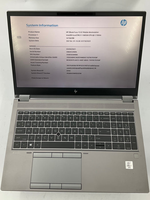 HP Zbook Fury G7 15.6" Core i7-10850H 512GB 32GB B Win 11 Pro RTX 3000 *READ*