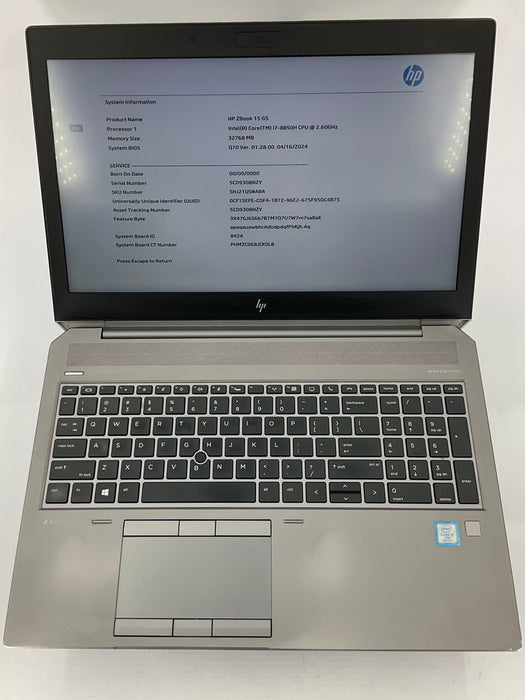 HP ZBook 15 G5 15.6" Core i7-8850H 256GB 32GB B Win 11 Pro P1000