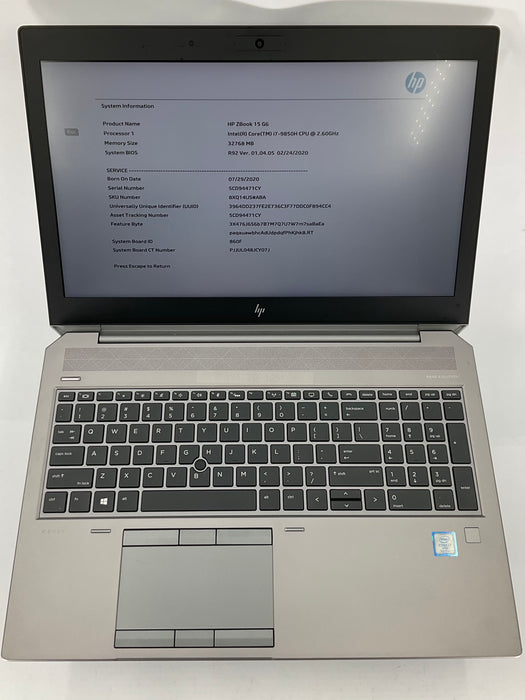 HP ZBook 15 G6 15.6" Core i7-9850H 256GB 32GB B Win 11 Pro T1000