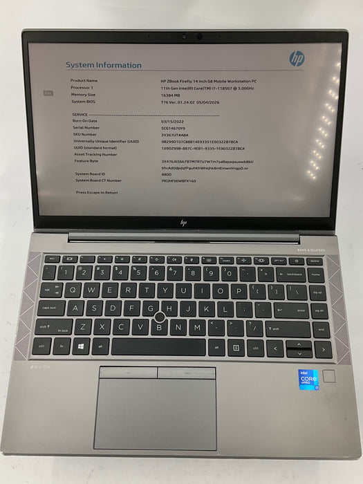HP ZBook Firefly G8 14" Touch Core i7-1185G7 256GB 16GB NO OS *READ*