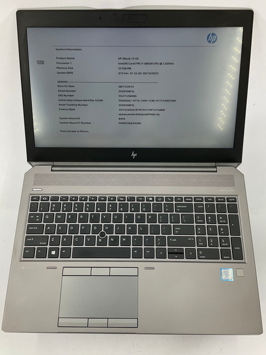 HP ZBook 15 G5 15.6" Core i7-8850H 256GB 32GB B Win 11 Pro P1000