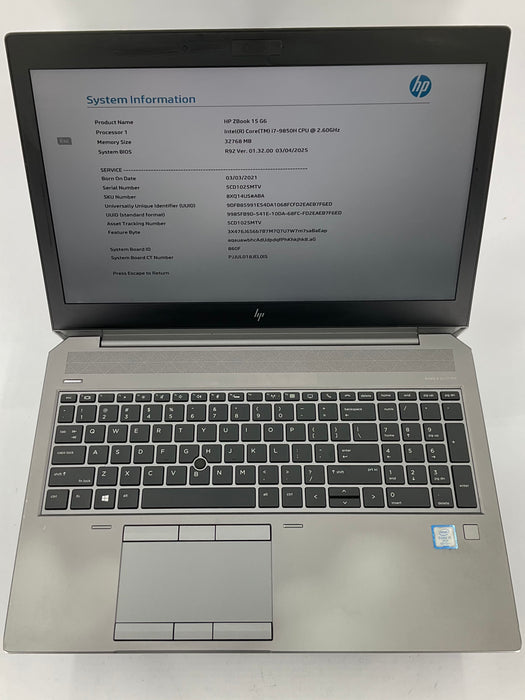 HP ZBook 15 G6 15.6" Core i7-9850H 256GB 32GB B Win 11 Pro T1000
