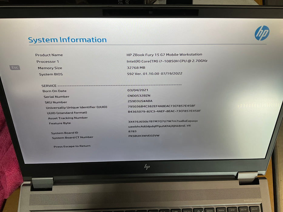 HP Zbook Fury G7 15.6" Core i7-10850H 512GB 32GB B Win 11 Pro RTX 3000 *READ*
