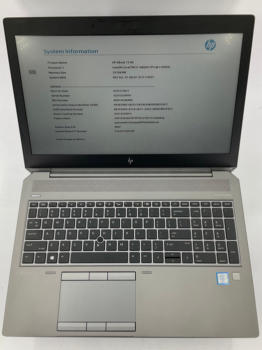 HP ZBook 15 G6 15.6" Core i7-9850H 256GB 32GB B Win 11 Pro T1000