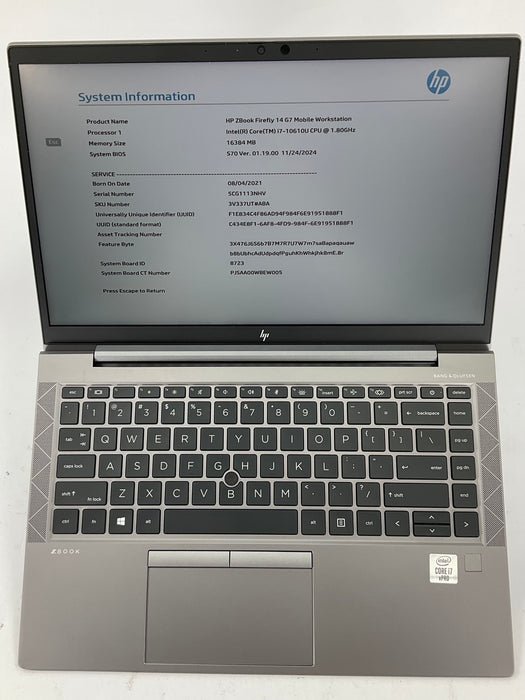 HP Zbook Firefly G7 14" Core i7-10610U 256GB 16GB B Win 11 Pro