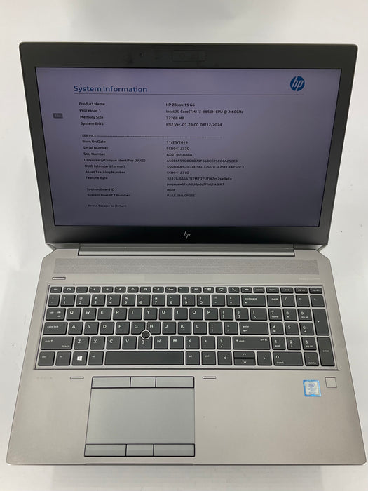 HP ZBook 15 G6 15.6" Core i7-9850H 256GB 32GB W11P Quadro T1000 - Broken NVME