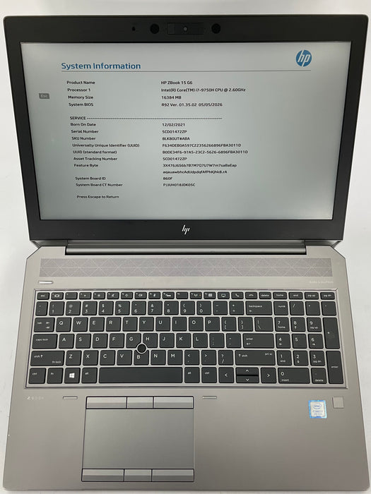 HP ZBook 15 G6 15.6" Core i7-9850H 256GB 16GB Win 11 Pro T1000 *READ*